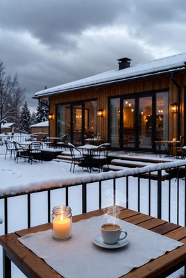 Cozy winter cafe scene in the evening