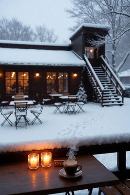 Cozy coffee shop in winter snow