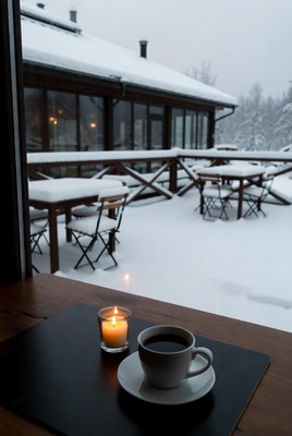 Cozy winter cafÃ© with snow view