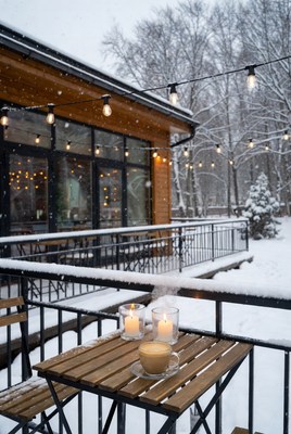 Cozy winter cafe scene with warm drinks