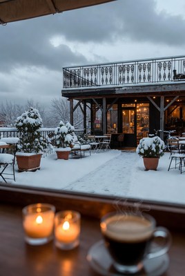 Winter cafÃ© with snowy outdoor seating