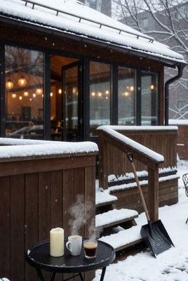 Cozy winter cafe experience in snow