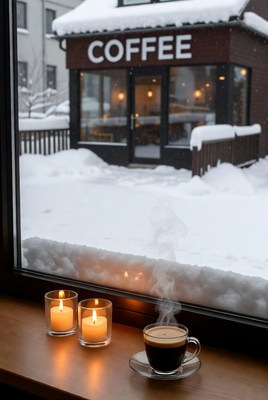 Cozy coffee moment in winter snow