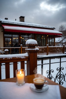 Warm coffee on snowy evening