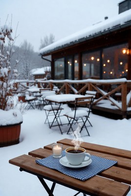 Cozy winter cafe scene with snow