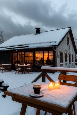 Cozy winter cafe scene at dusk