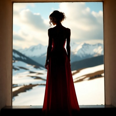 Woman in red dress against mountains