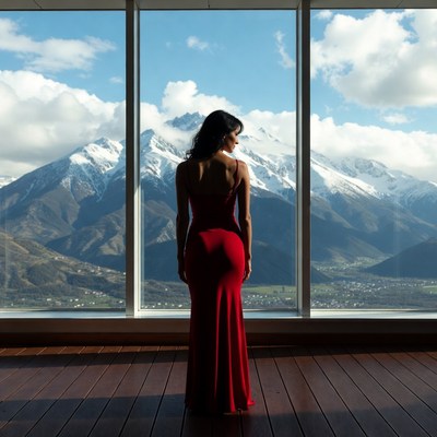 Woman in red dress with mountain view