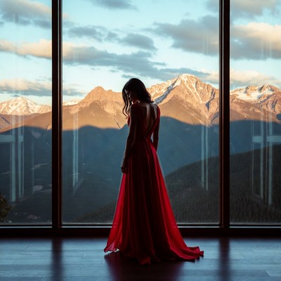 Woman in red dress at mountain view