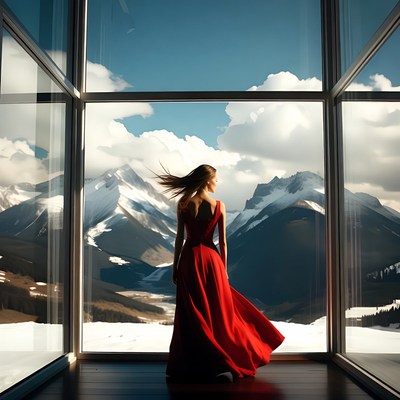 Woman in red dress with mountain view