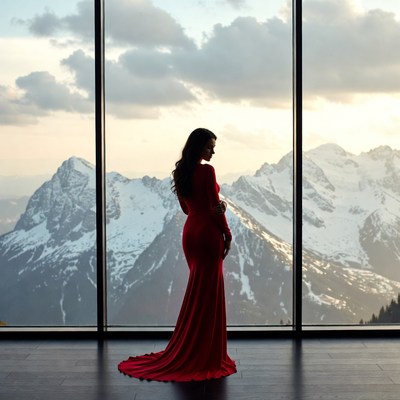 Woman in red dress at mountains