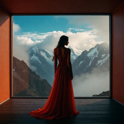 Woman in red dress with mountain view