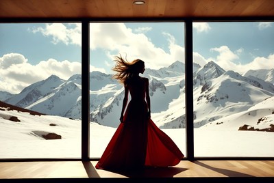 Woman in red dress against snowy mountains