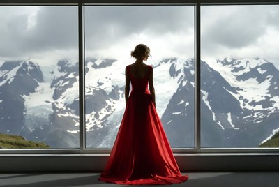 Elegant figure against snowy mountains