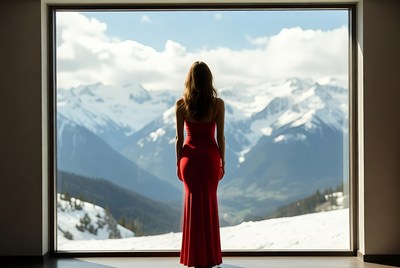 Woman in red dress admiring mountains