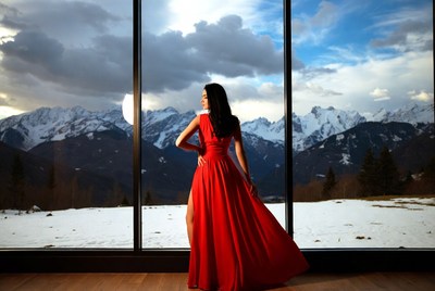 Woman in red dress by mountains