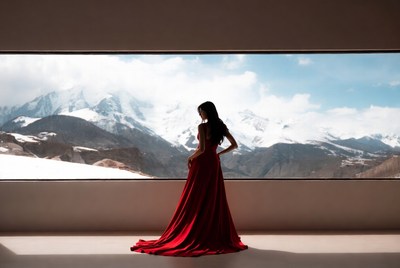 Model in red dress by mountain view