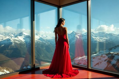 Mountain view in elegant red dress