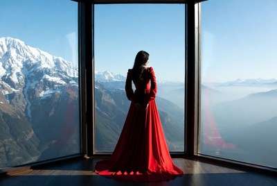 Woman in red dress at mountain view