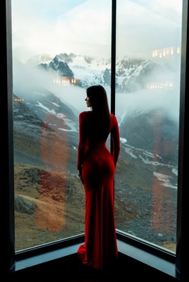 Woman in red dress by mountain window