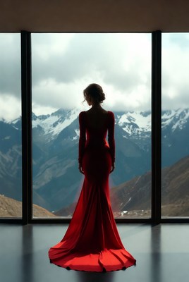 Elegant woman in red dress against snowy mountains