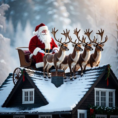 Santa and reindeer on a snowy roof