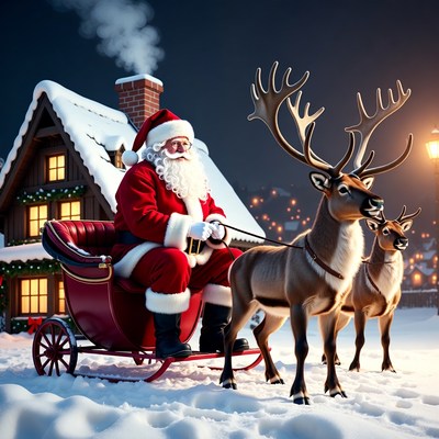 Santa with reindeer in snowy scene