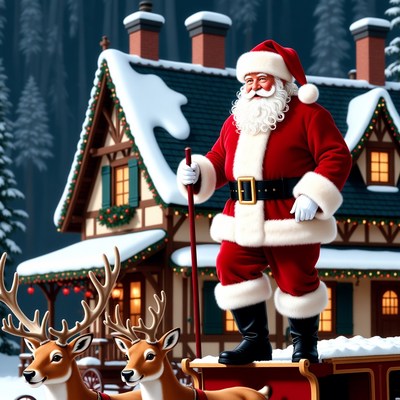 Santa claus with reindeer near cabin