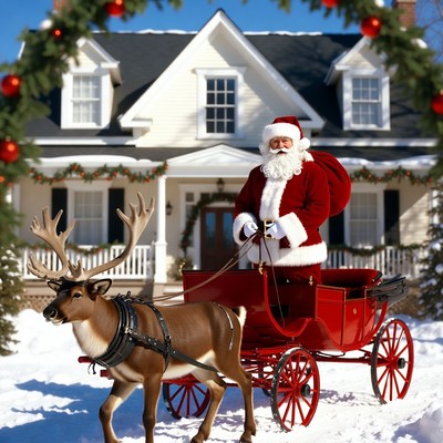 Santa claus with reindeer in front of house