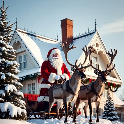 Santa with reindeer in snowy scene