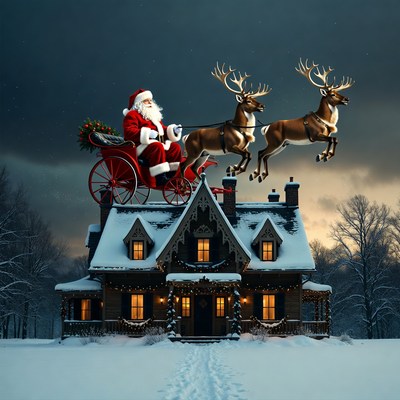 Santa flying over snowy house