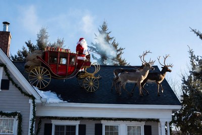 Santa claus visits a snowy roof