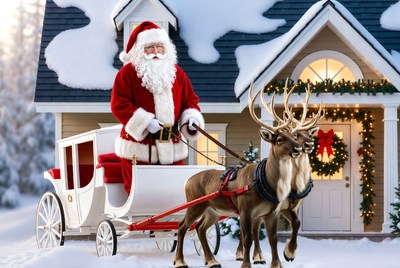 Santa with reindeer near house