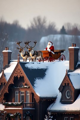 Santa arriving with reindeer on rooftop