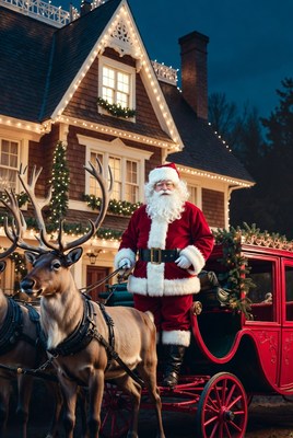 Santa claus with reindeer at festive house
