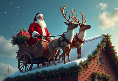 Santa riding sleigh with reindeer