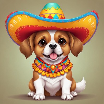Cute dog wearing sombrero and colorful attire