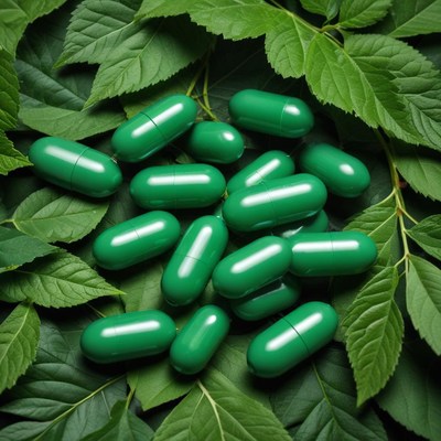 Green capsules on leafy background