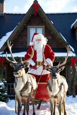 Santa with reindeer at festive cabin