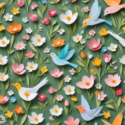 Colorful birds among spring flowers