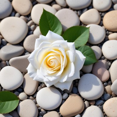 Beautiful white rose on pebbles