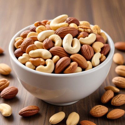 Mixed nuts in a white bowl