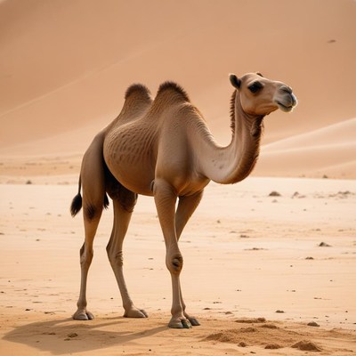 Camel in golden desert landscape