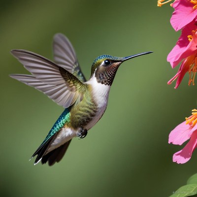 Hummingbird hovering near flower