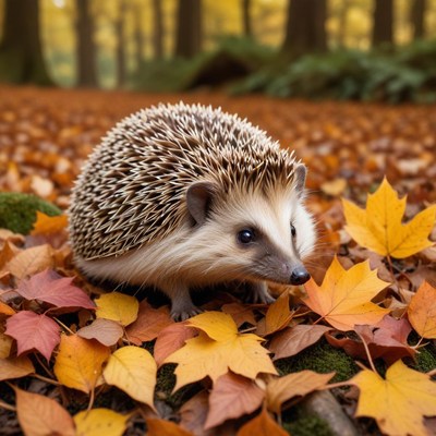 Hedgehog among autumn leaves