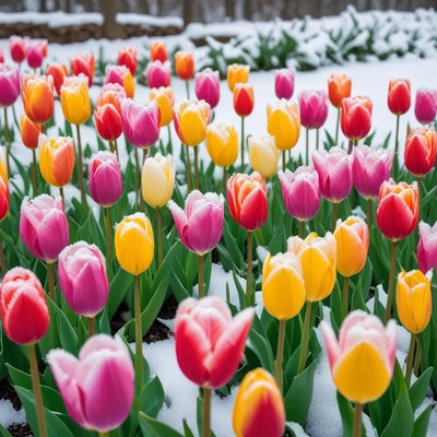 Colorful tulips in snowy garden