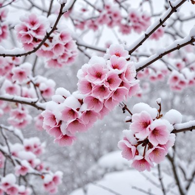Cherry blossoms covered in snow