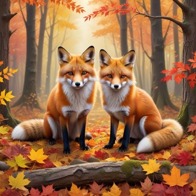 Twin foxes in autumn forest