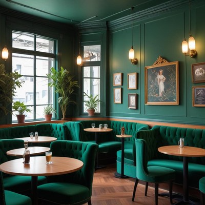 Cozy green cafe interior with plants