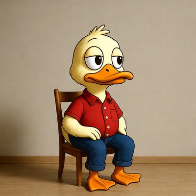 Cartoon duck sitting on chair